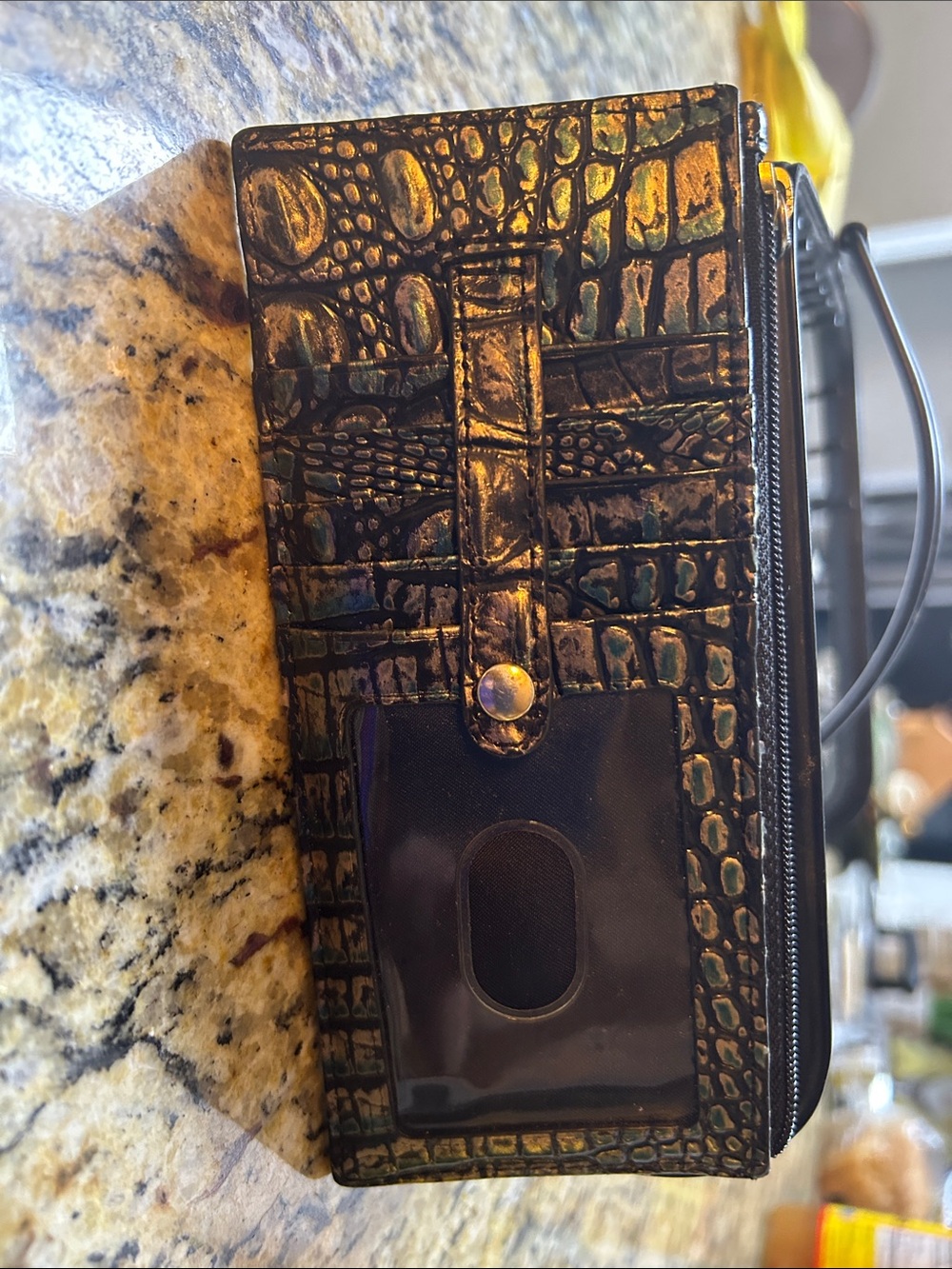 Brahmin Iridescent Croc-Embossed Long Wallet in Green and Black